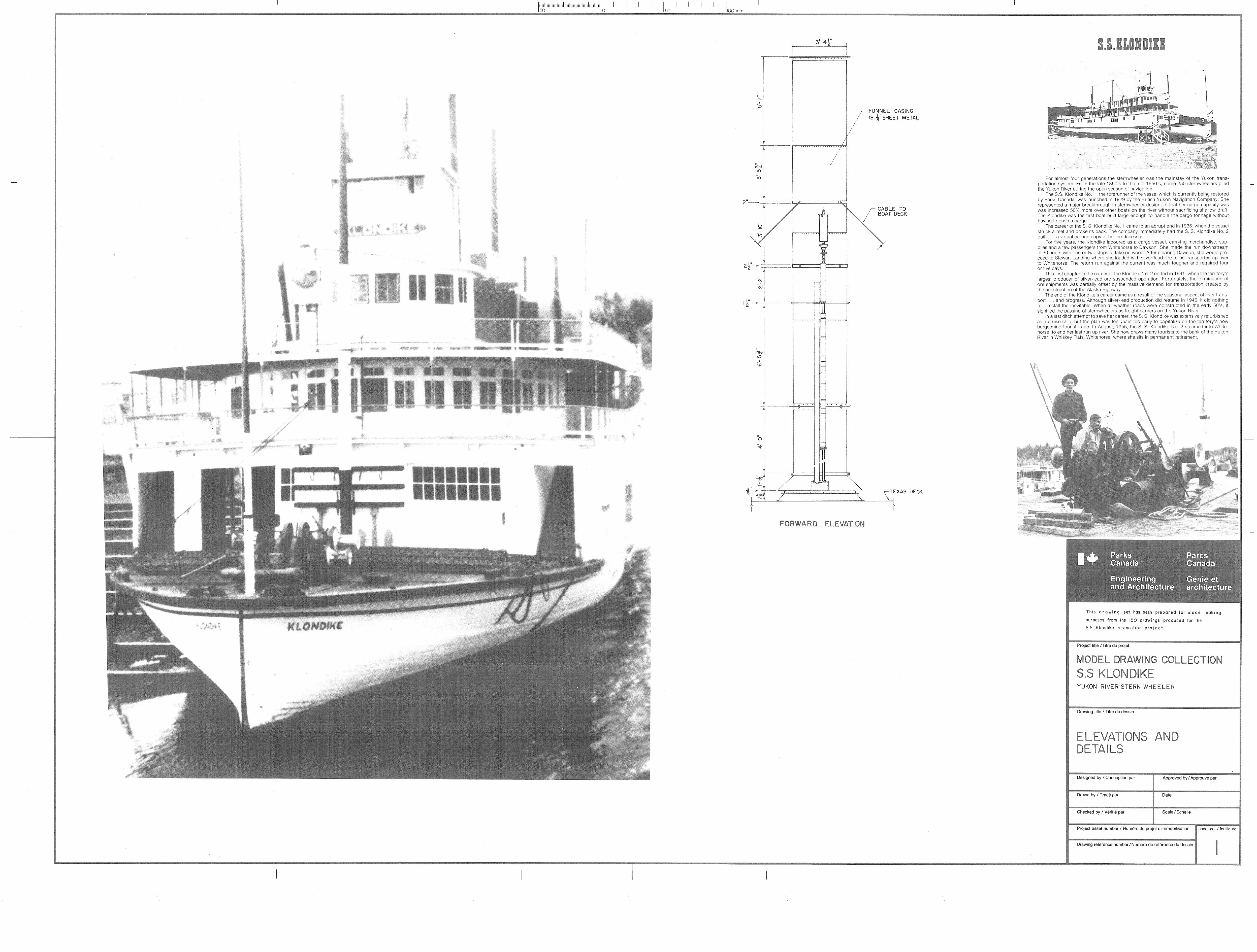 Sheet with a historic photograph of the Klondike, a forward elevation of the stack and an introductory text block