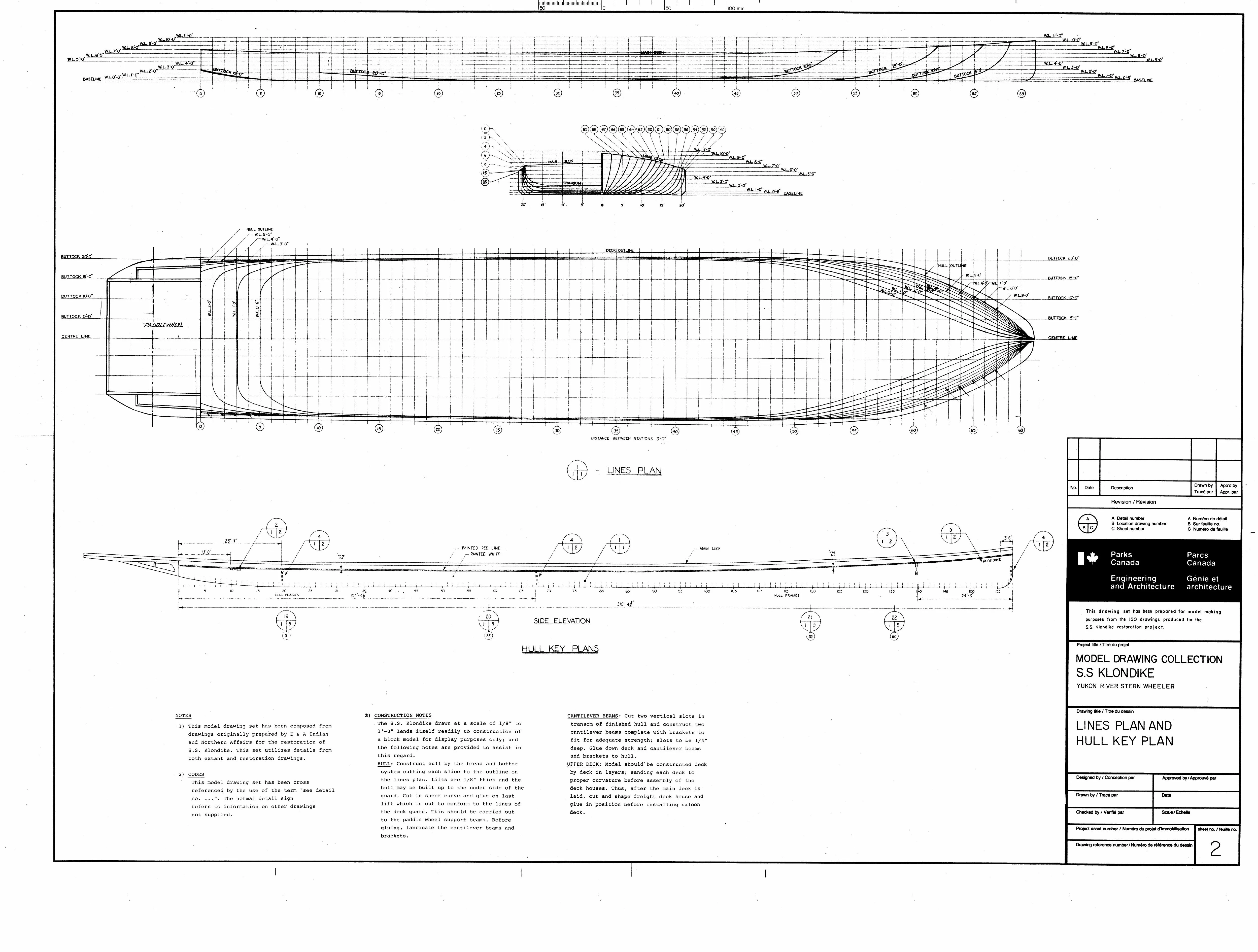 Lines plan of the hull with body plan, half-breadth plan and side elevation, plus hull key plan and notes