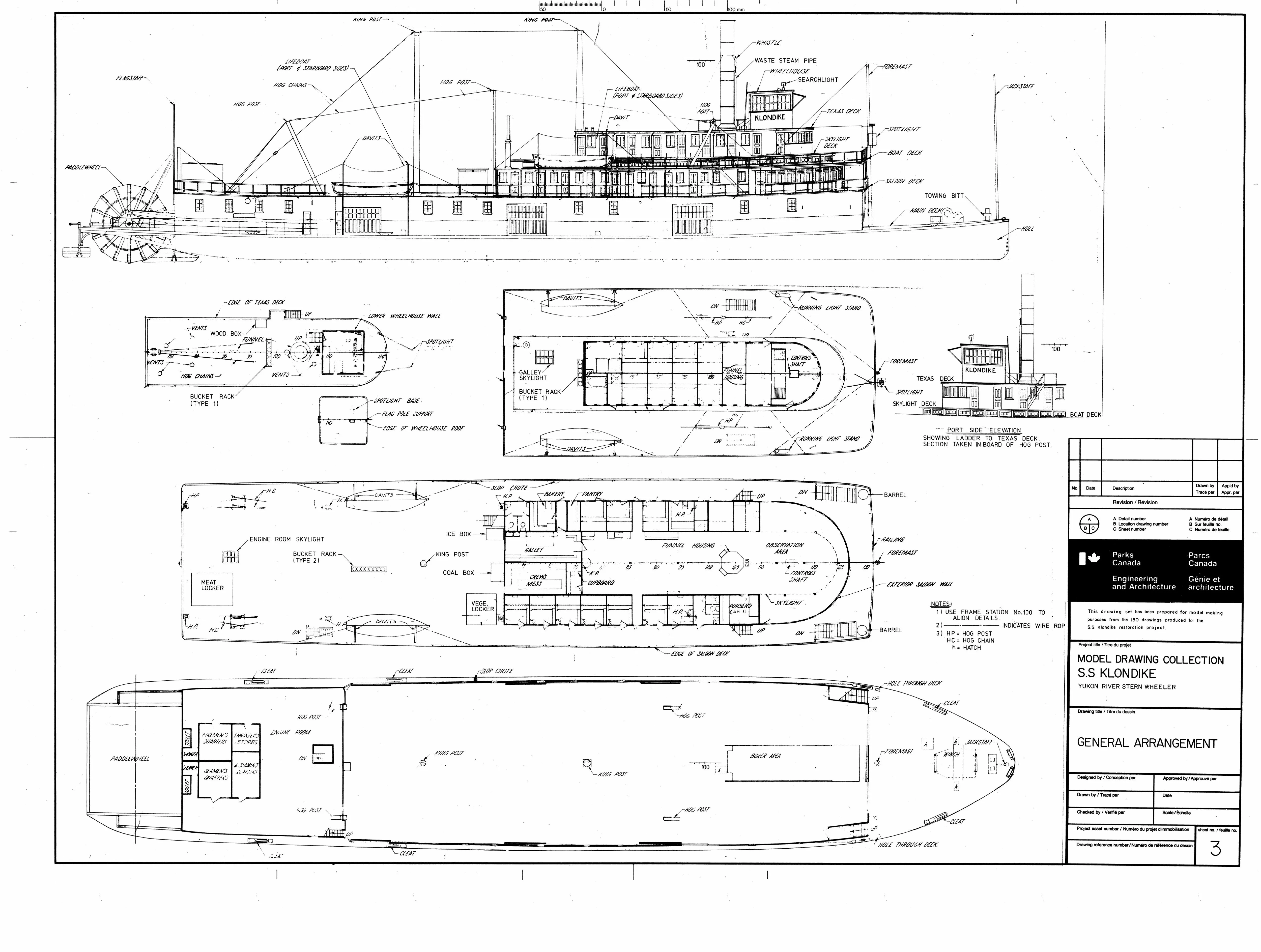 Outboard profile with labelled parts above plans of the texas, boat, saloon and main decks