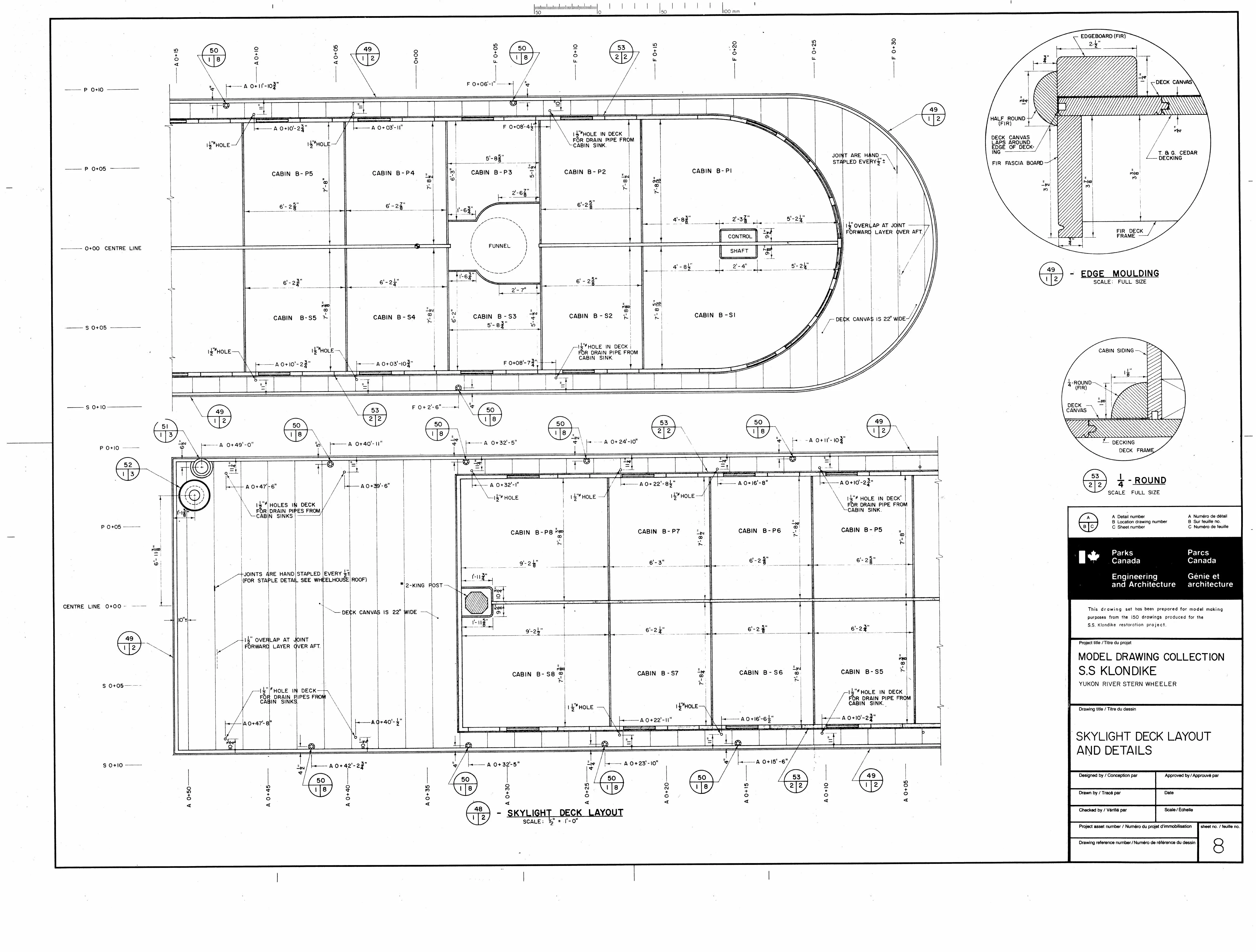 Skylight deck and texas deck plans with moulding and rail details