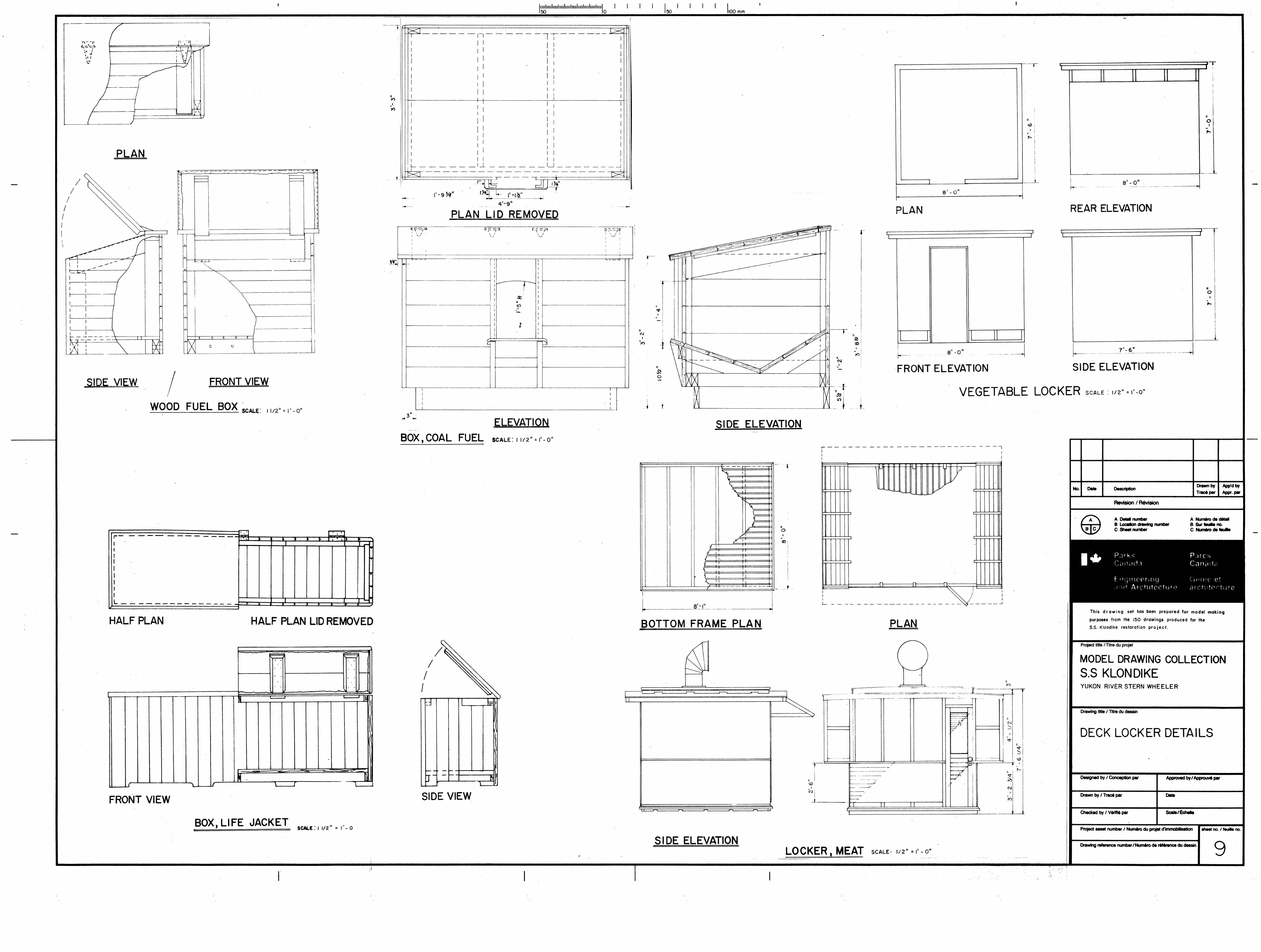 Details of deck lockers and boxes, including the wood fuel box, coal fuel box, life jacket box, vegetable and meat lockers