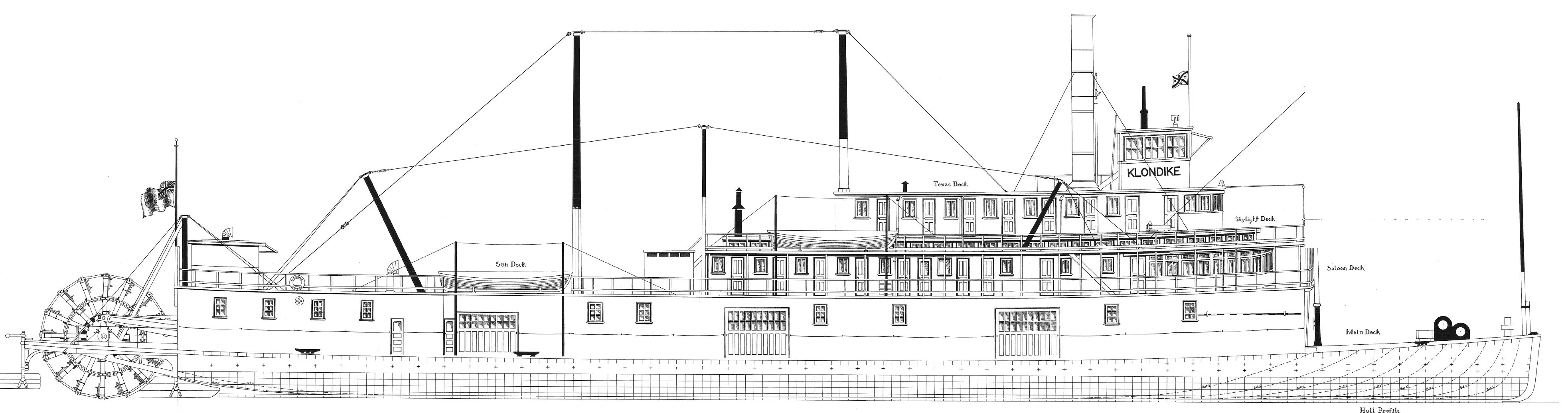 Outboard profile of the Klondike from sternwheel to bow, three decks with stack and wheelhouse, deck names labelled