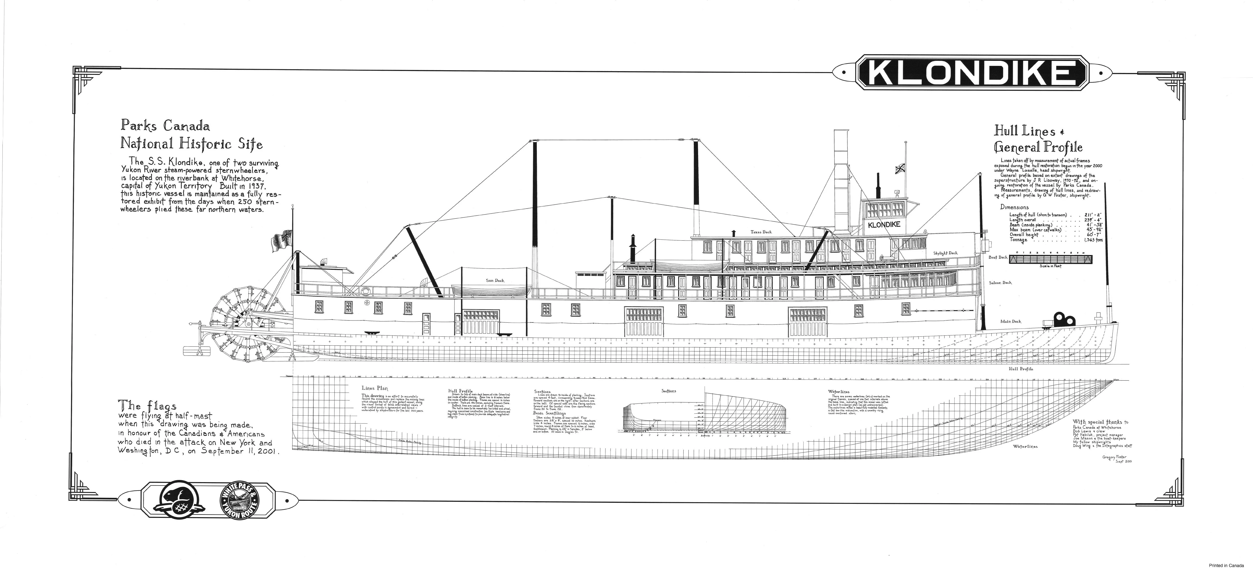 Poster of the Klondike with the general profile above and the hull lines below, notes, dimensions and a scale