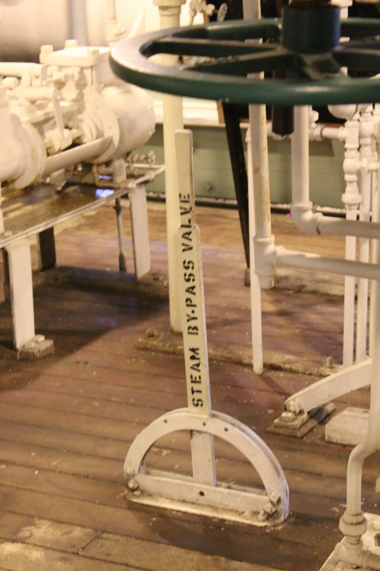 Floor-mounted handwheel and quadrant lever stencilled Steam By-Pass Valve