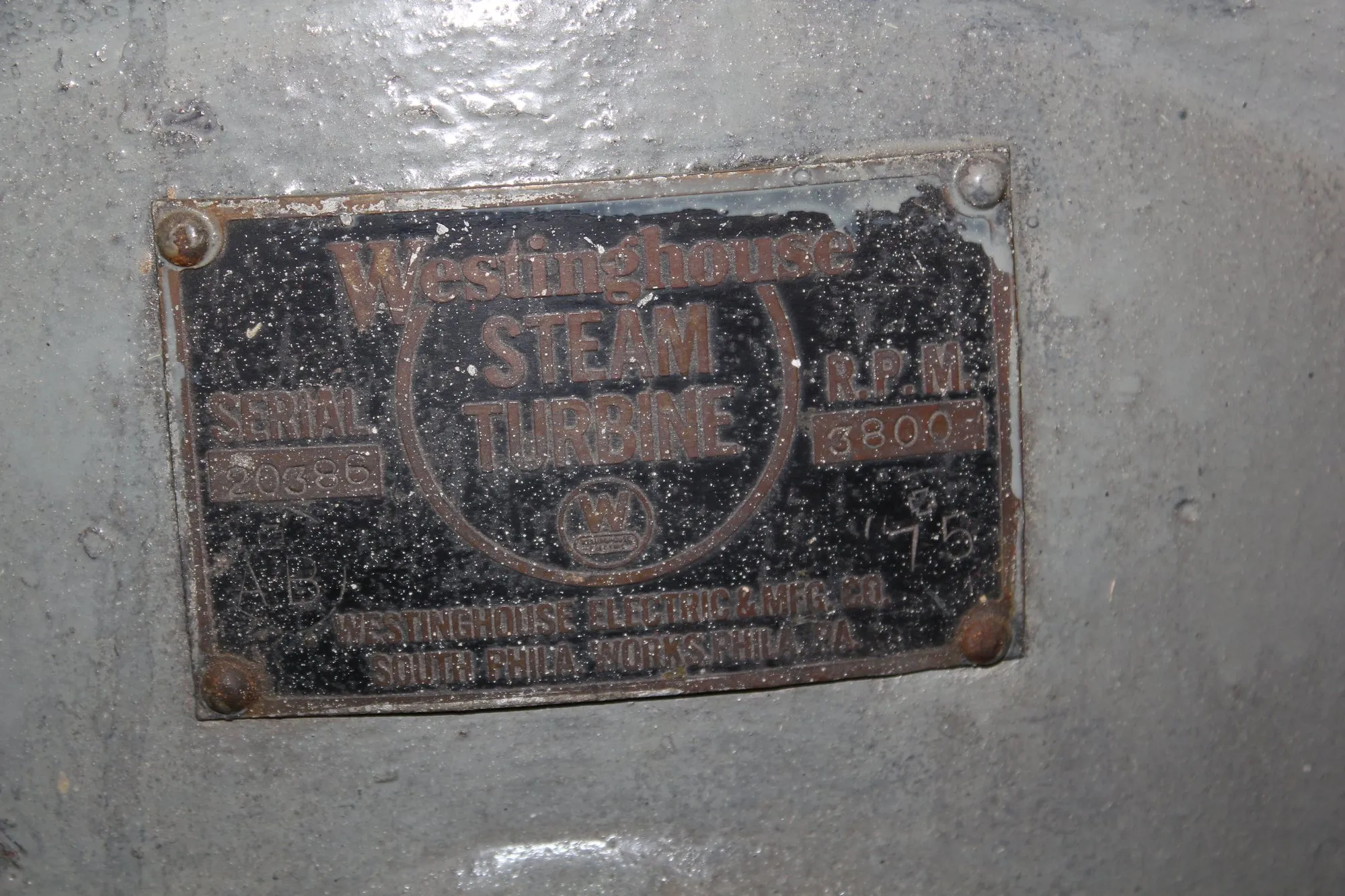 Westinghouse steam turbine nameplate with serial number and 3600 rpm rating