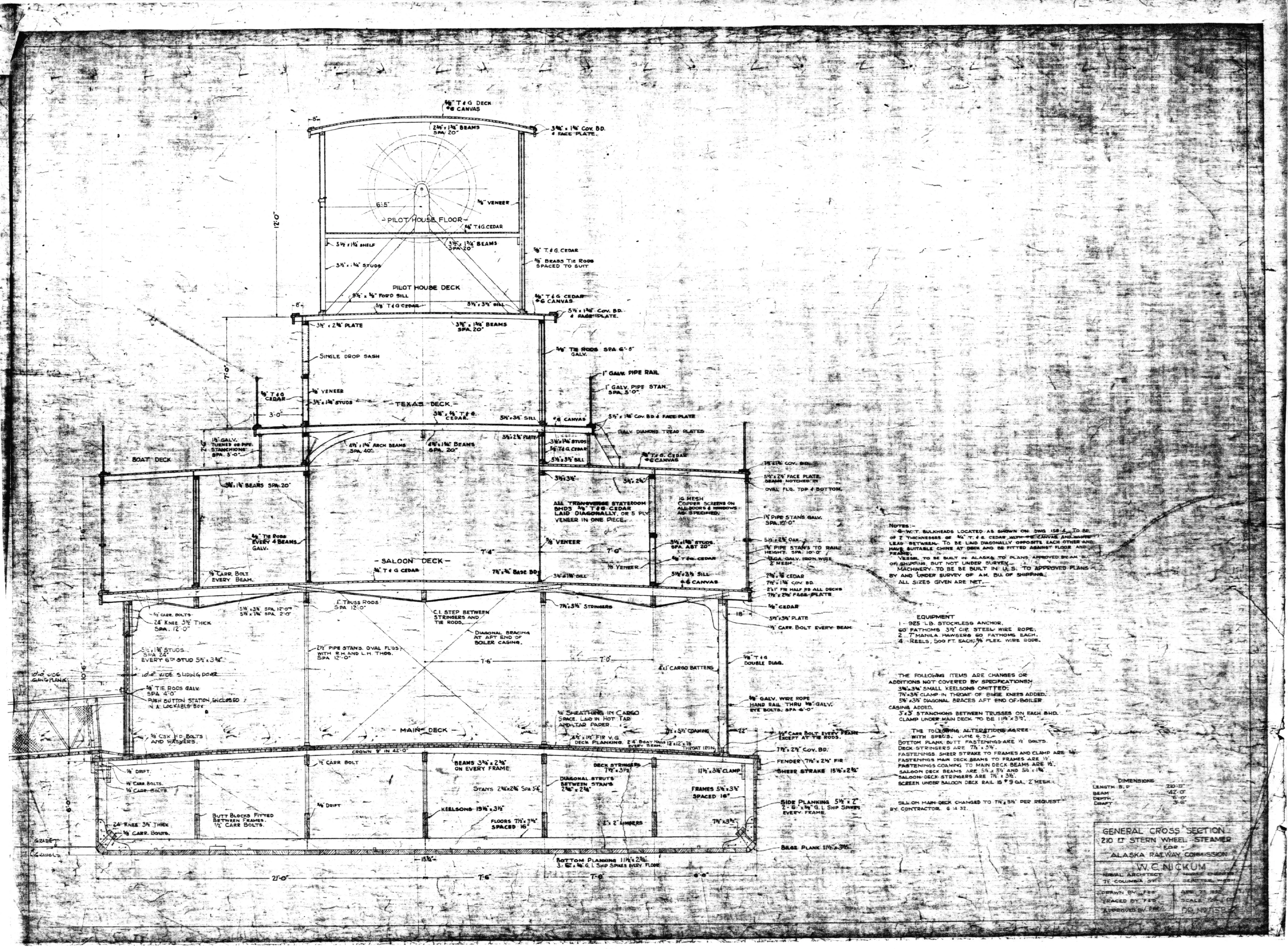 Cross section through the hull and all decks up to the pilot house, with scantlings noted