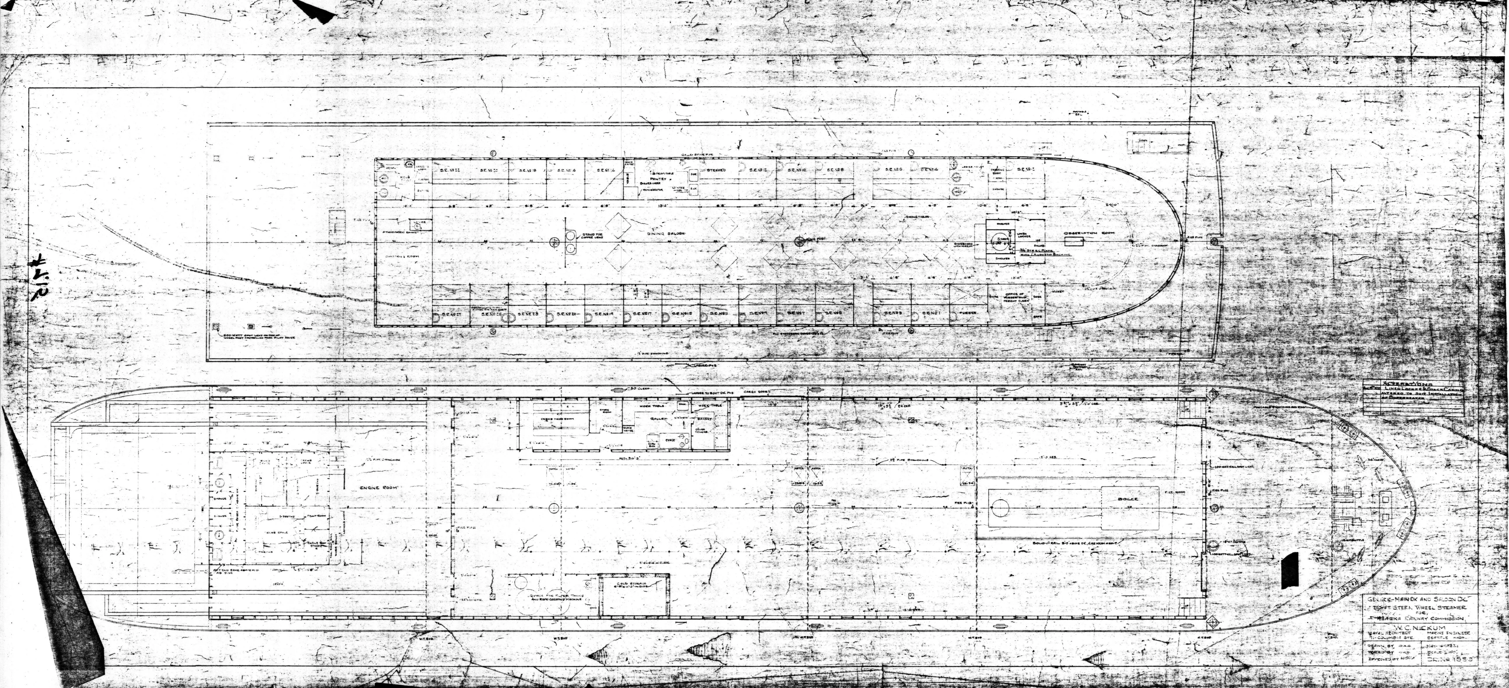 Plan views of the saloon deck with staterooms above and the main deck with engine room and boiler below