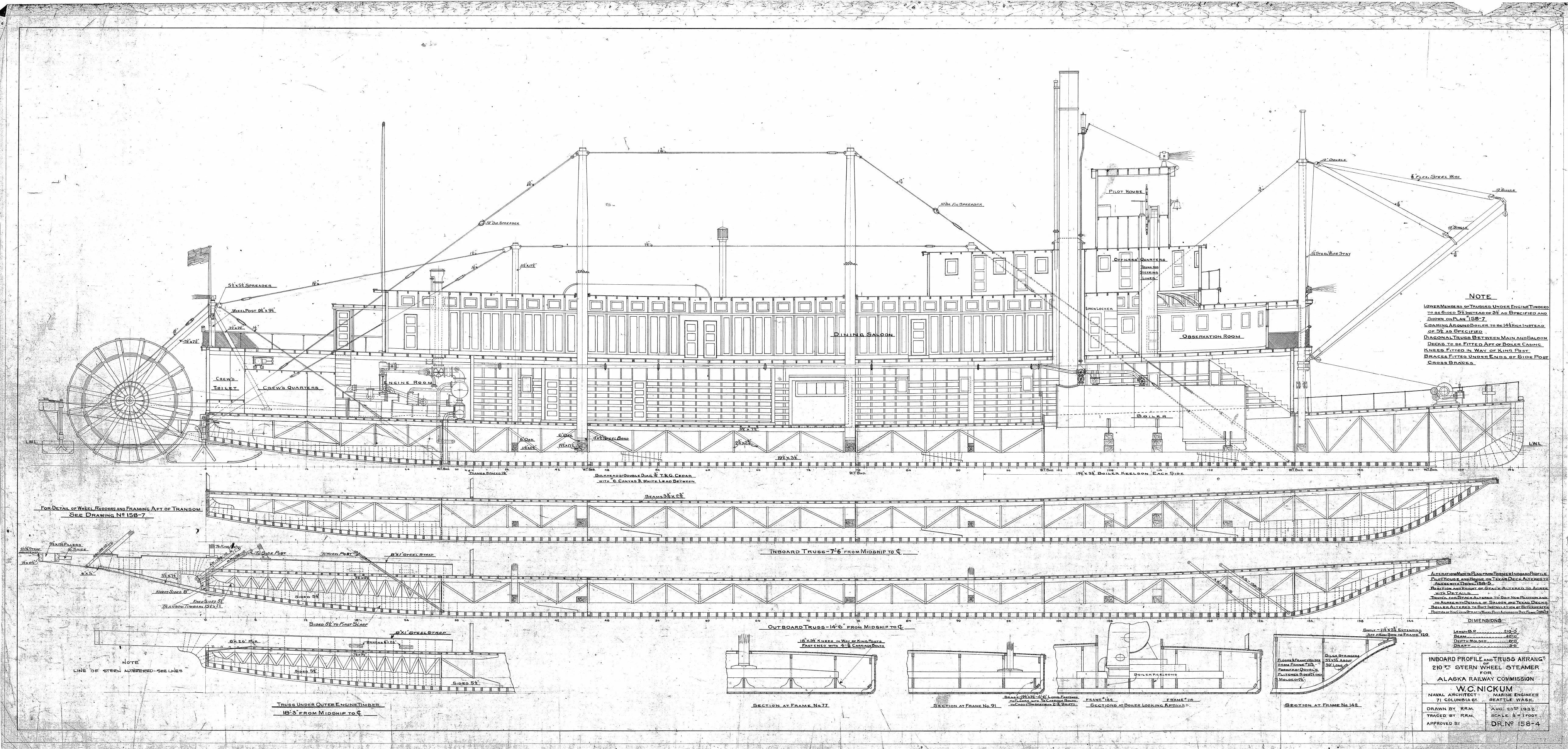 Inboard profile of the vessel above elevations of the inboard and outboard hull trusses and several hull sections