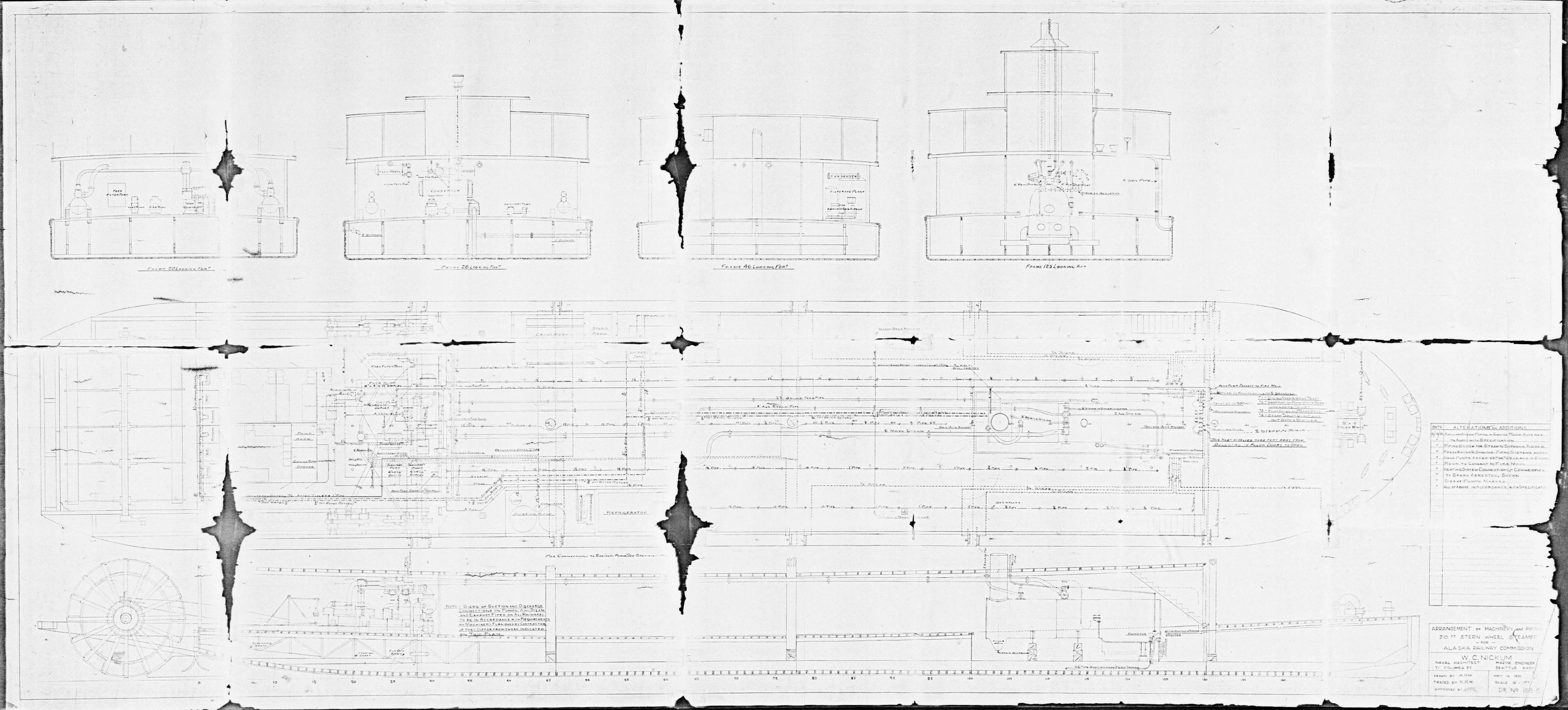 Machinery and piping arrangement in plan and profile, with four transverse sections across the top