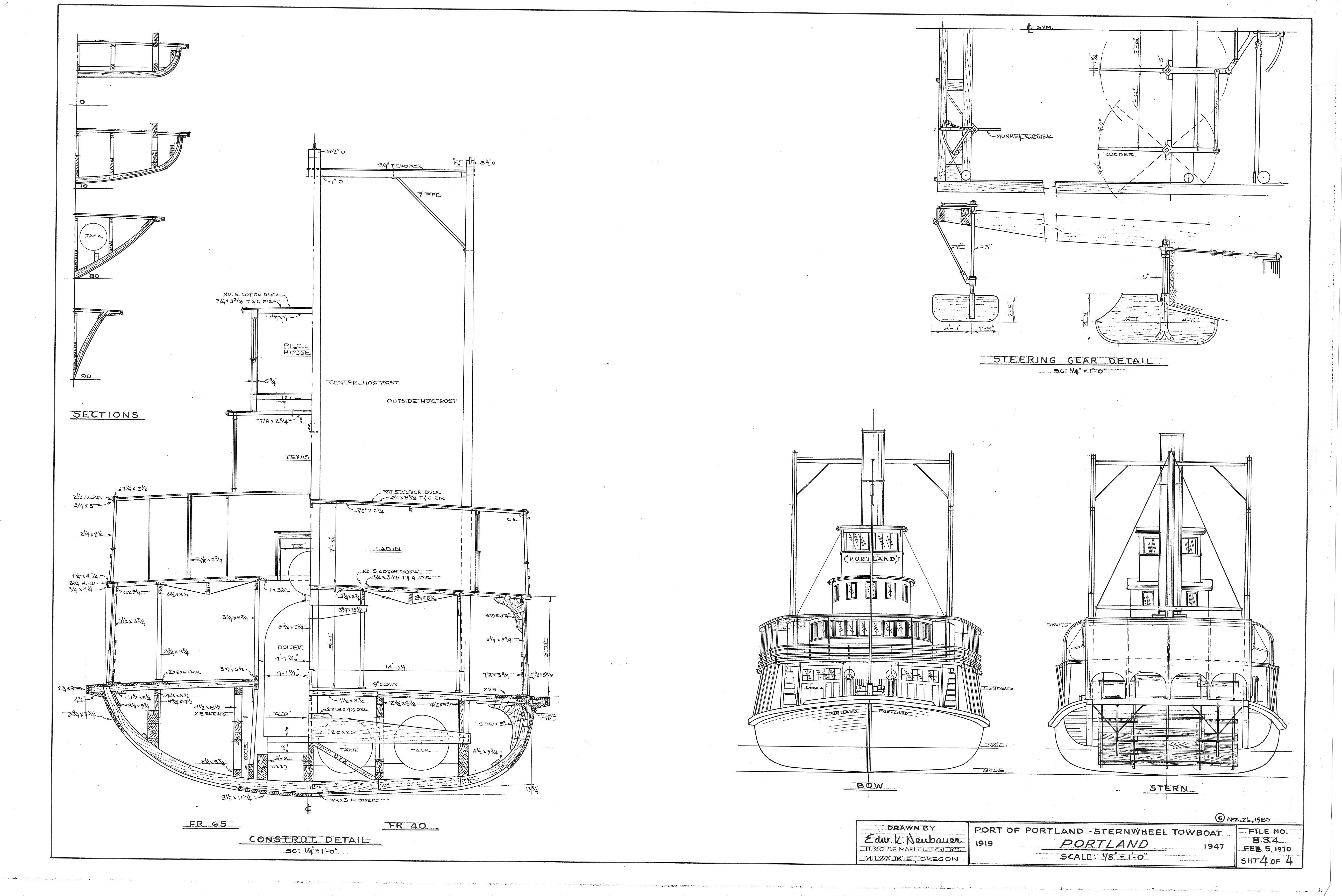 Cross sections, construction details, steering gear detail and bow and stern views of the 1919 Portland