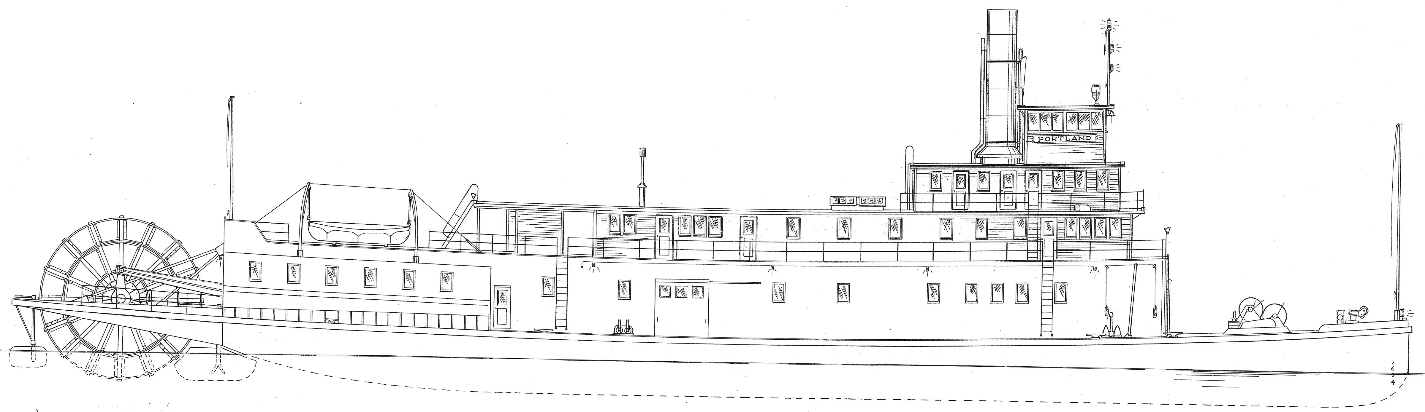 Outboard profile of the 1947 Portland, sternwheel aft, two-deck cabin, stack and pilot house forward of amidships, capstans on the foredeck