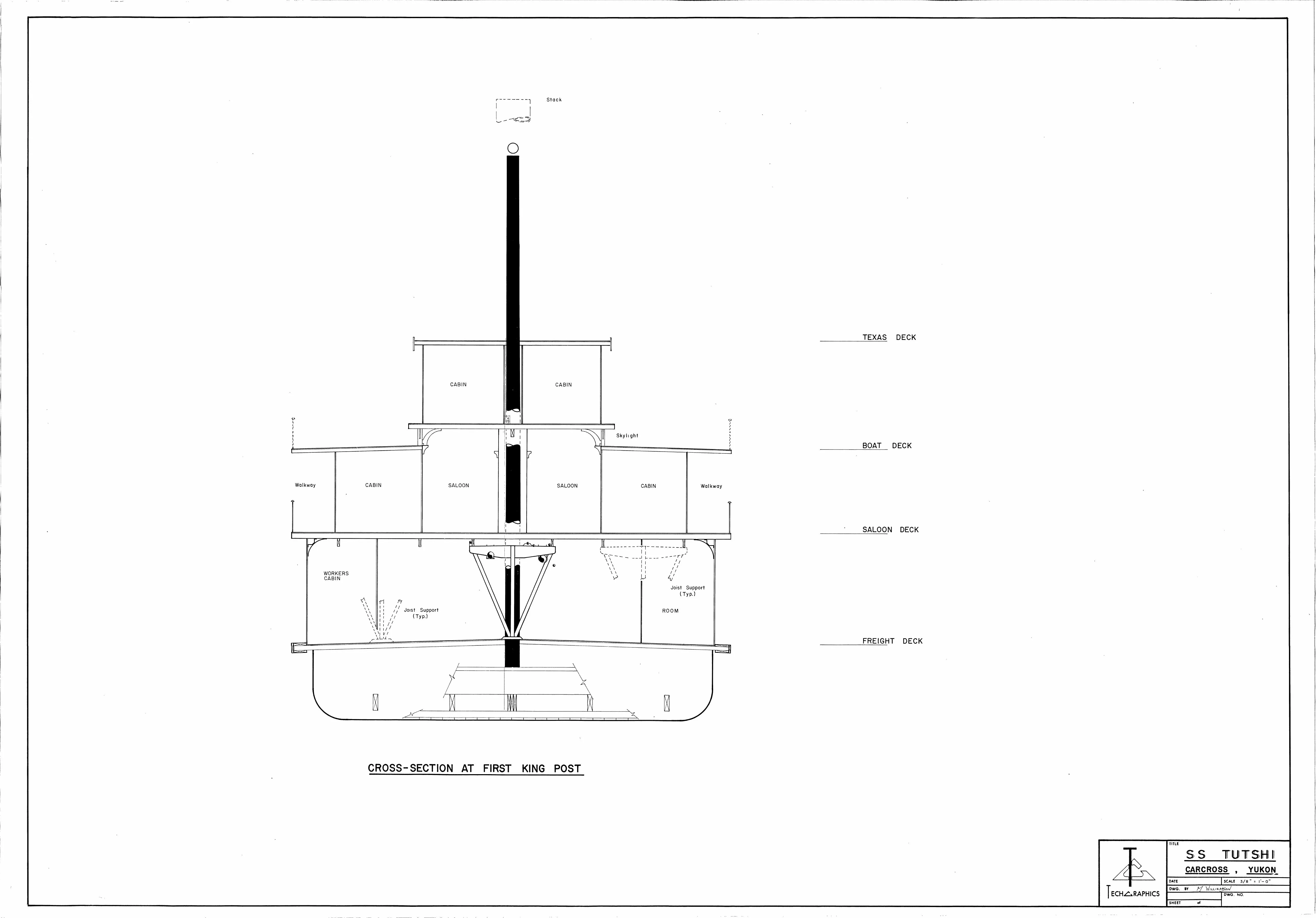 Transverse section through hull and decks at the first king post, showing cabins, saloon, walkways and joist supports