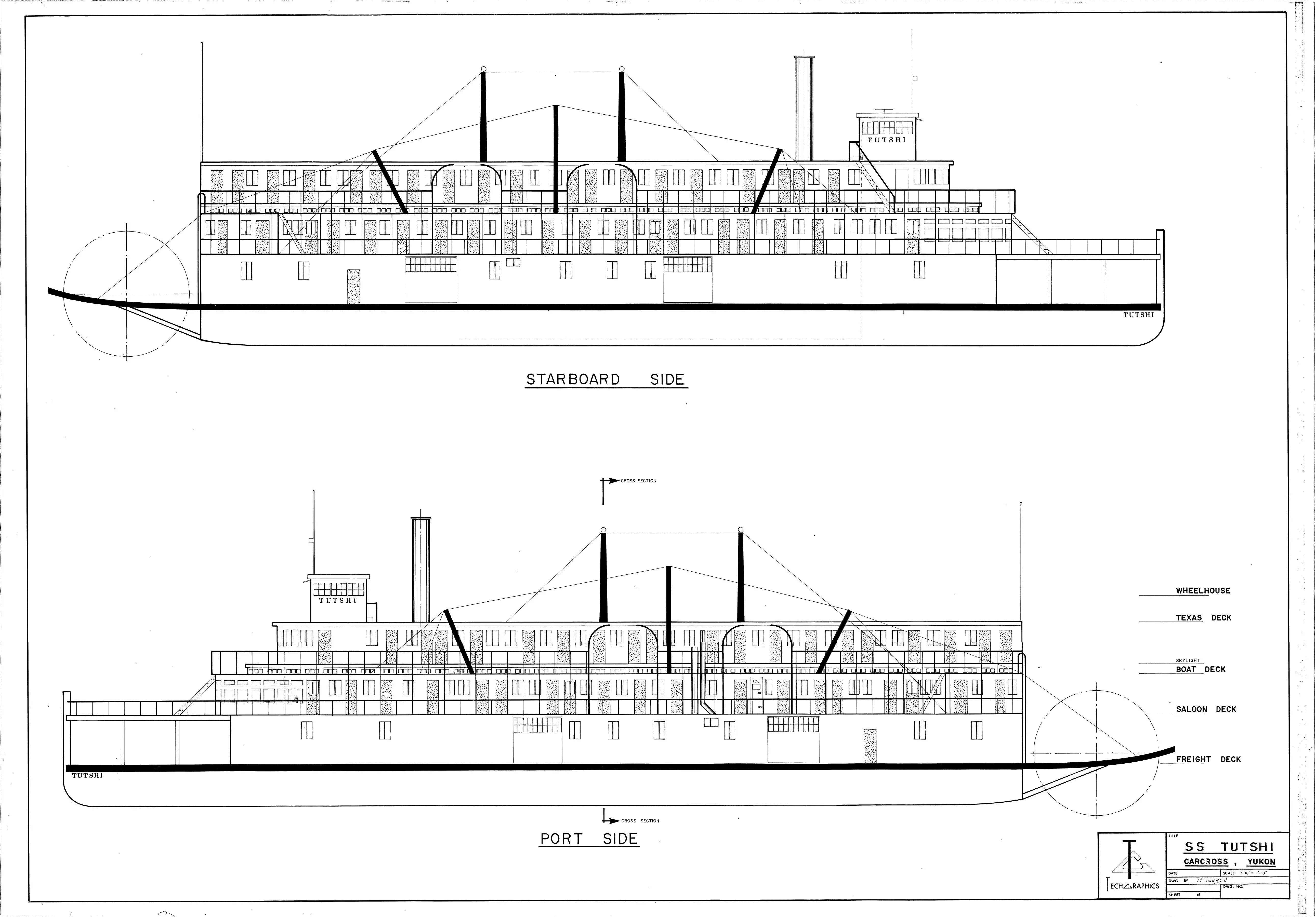 Starboard and port side elevations of the Tutshi with deck levels labelled freight, saloon, boat and texas deck and wheelhouse