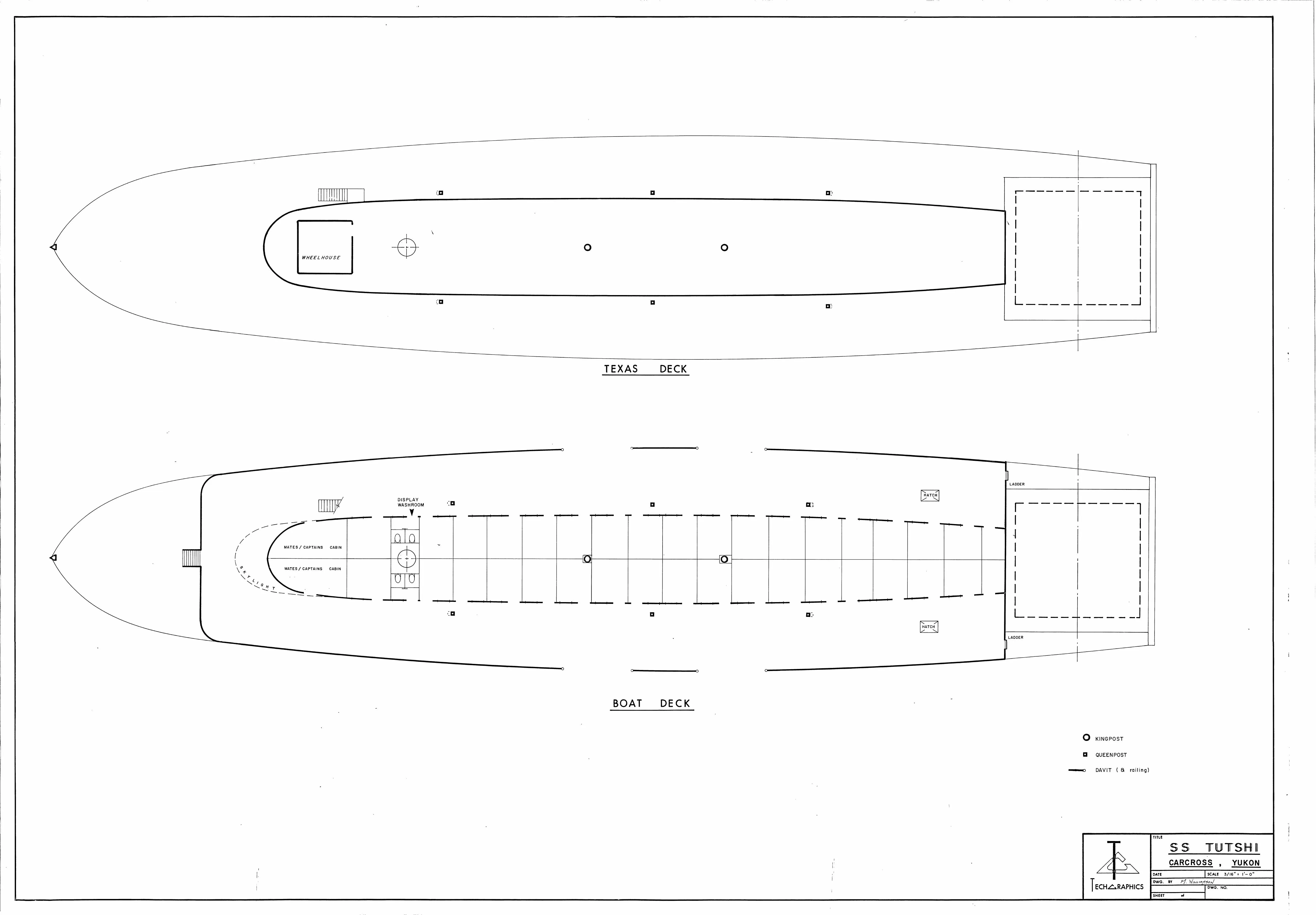 Plans of the texas deck with wheelhouse and the boat deck with skylight and mates' and captain's cabins