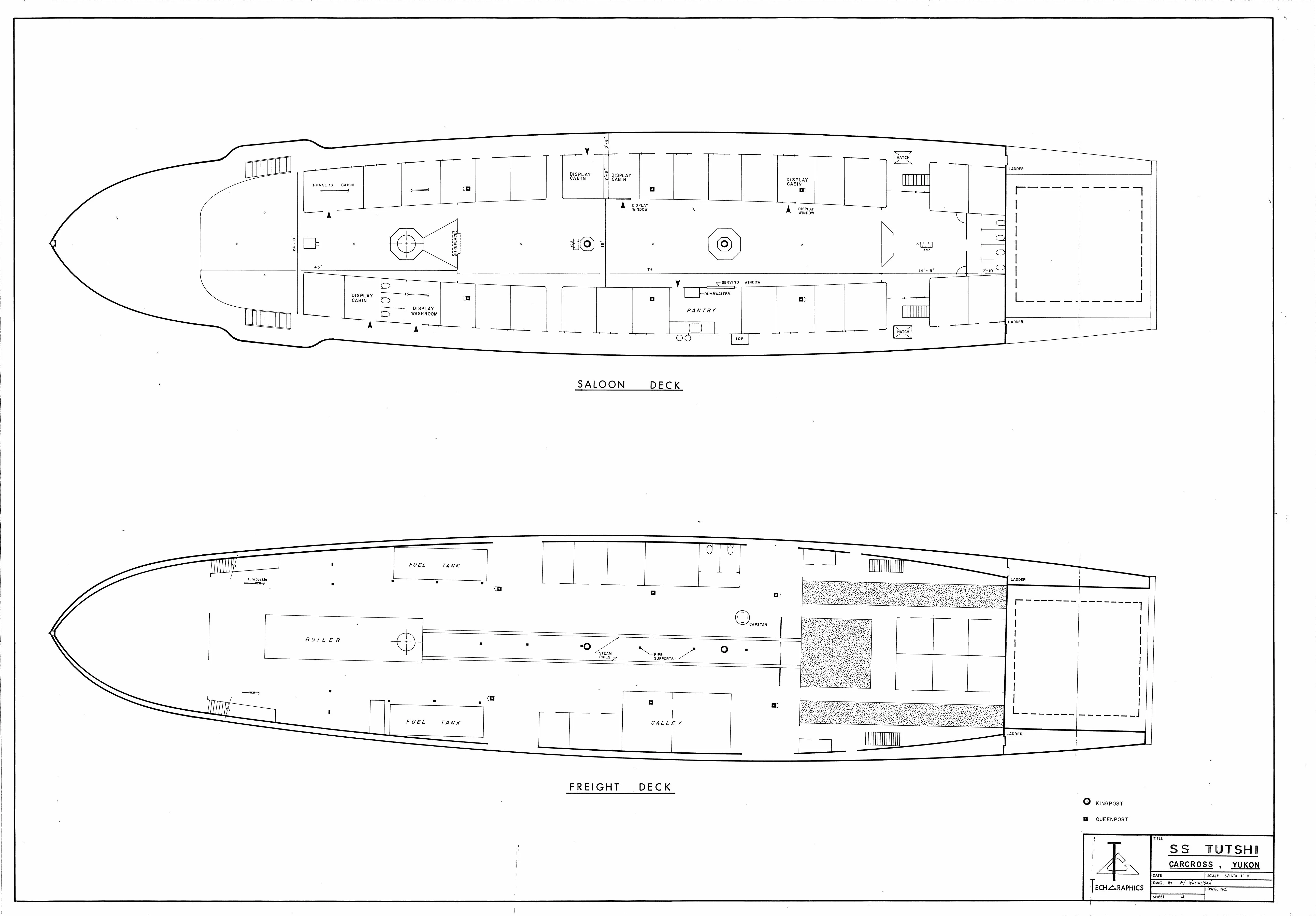 Plans of the saloon deck with cabins and pantry, and the freight deck with boiler, fuel tanks and galley